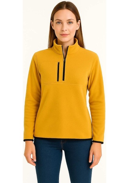 Kadın Polar Kazak – Dik Yaka, Yarım Fermuarlı, Fermuarlı Göğüs Cepli, Siyah Biyeli, Kışlık Rahat Regular Fit Günlük Model - Sarı fırsatları