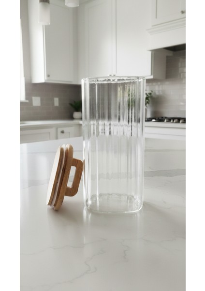 Lunel Bambu Vakum Kapaklı Kare Çizgili Cam Kavanoz – Çay Kahve Bakliyat Saklama Kabı 1500 ml