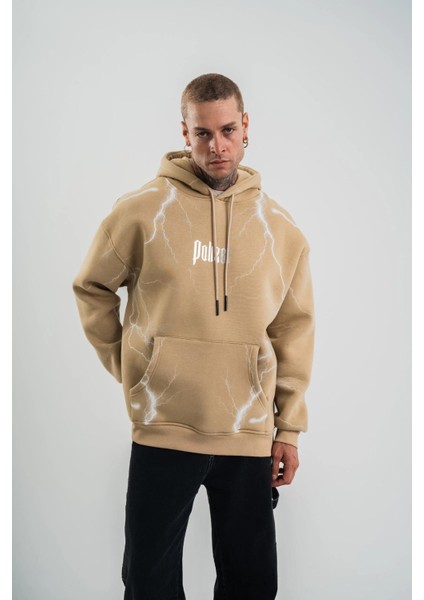 Double Oversize Kapşonlu Şimşek Pano Baskılı Sweatshirt - Bej