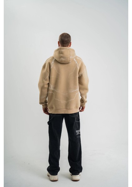 Double Oversize Kapşonlu Şimşek Pano Baskılı Sweatshirt - Bej modelleri