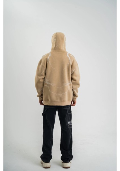 Double Oversize Kapşonlu Şimşek Pano Baskılı Sweatshirt - Bej fırsatları