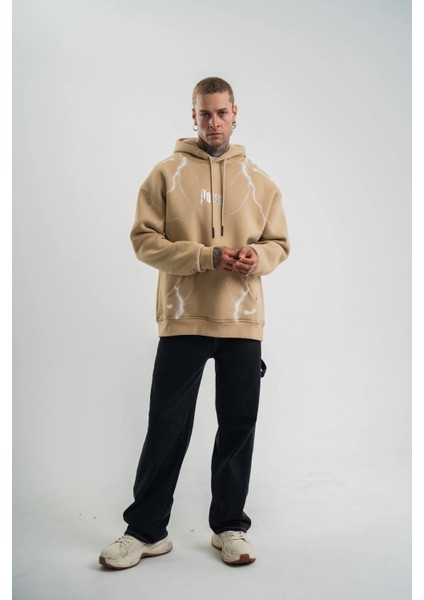 Double Oversize Kapşonlu Şimşek Pano Baskılı Sweatshirt - Bej indirimleri