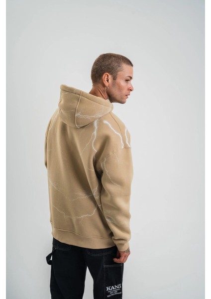Double Oversize Kapşonlu Şimşek Pano Baskılı Sweatshirt - Bej
