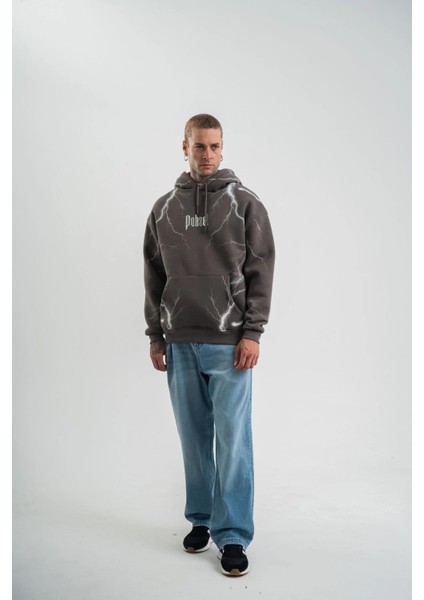 Double Oversize Kapşonlu Şimşek Pano Baskılı Sweatshirt - Füme fiyatları
