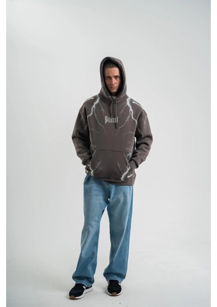 Double Oversize Kapşonlu Şimşek Pano Baskılı Sweatshirt - Füme modelleri