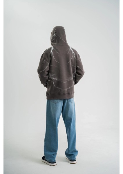 Double Oversize Kapşonlu Şimşek Pano Baskılı Sweatshirt - Füme fırsatları