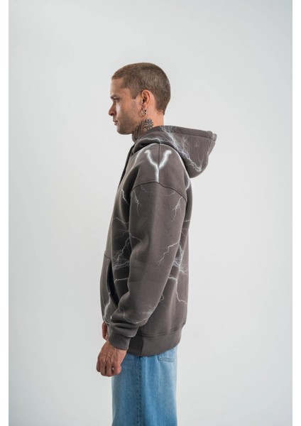 Double Oversize Kapşonlu Şimşek Pano Baskılı Sweatshirt - Füme indirimleri