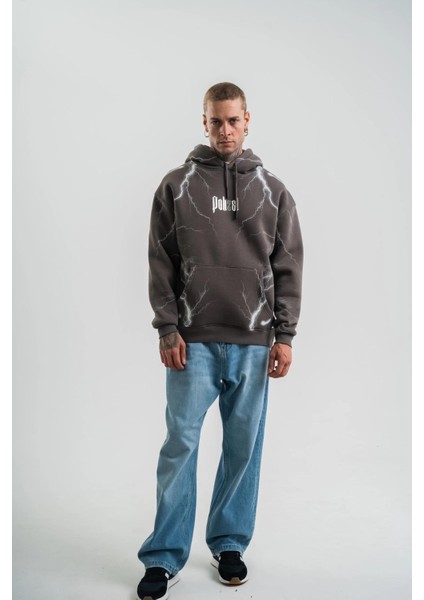 Double Oversize Kapşonlu Şimşek Pano Baskılı Sweatshirt - Füme