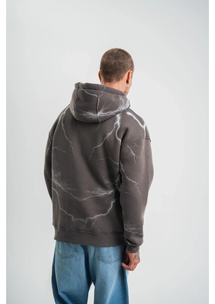 Double Oversize Kapşonlu Şimşek Pano Baskılı Sweatshirt - Füme