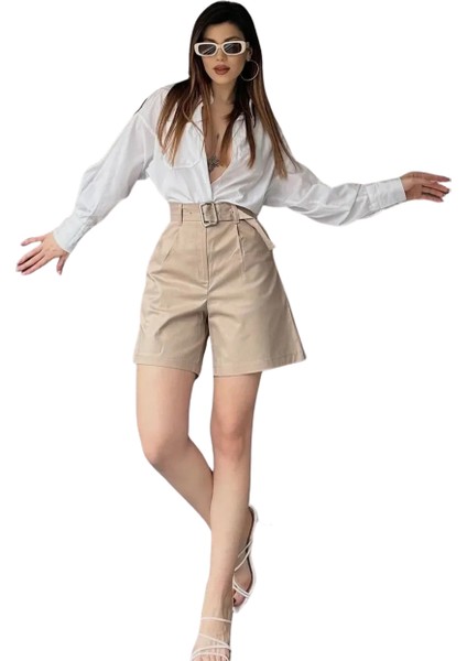 Rahat Kesim Kemerli Mom Şort - Krem fiyatları