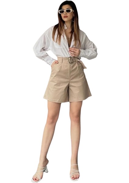 Rahat Kesim Kemerli Mom Şort - Krem modelleri