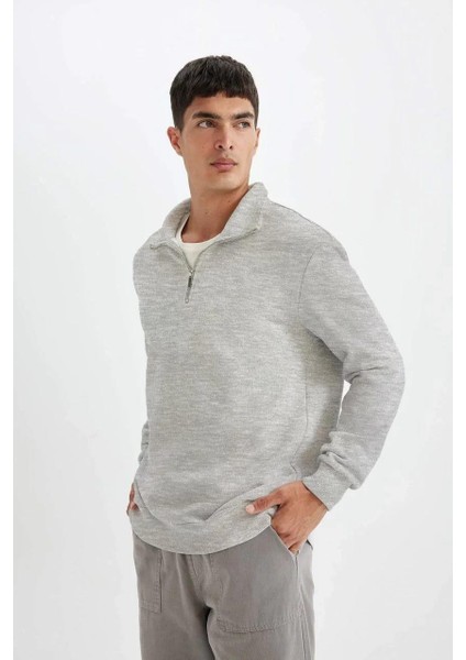 Unisex Uzun Kol Yarım Farmuarlı Yakalı Basic Sweatshirt - Gri