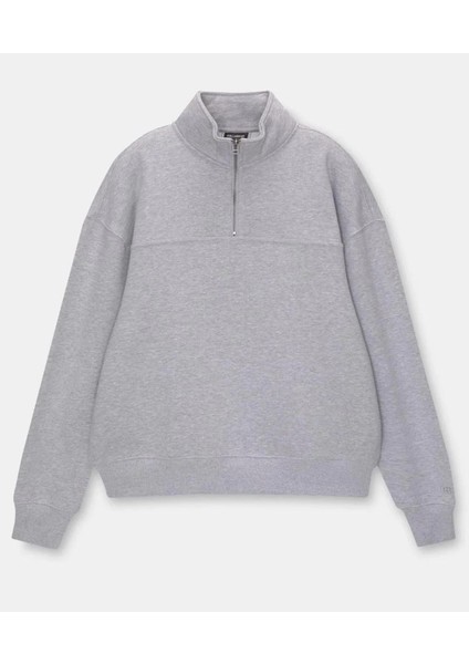 Oversize Yarım Farmuarlı Yakalı Basic Sweatshirt - Gri fırsatları