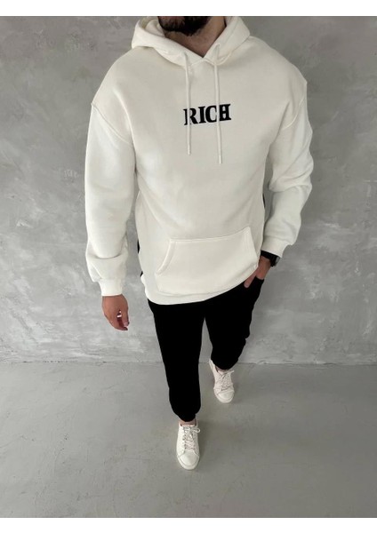Uzun Kol Kapüşonlu Göğüs Baskılı Sweatshirt - Beyaz
