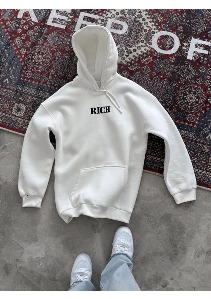 Uzun Kol Kapüşonlu Göğüs Baskılı Sweatshirt - Beyaz fiyatları