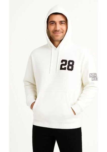 Erkek Kapşonlu Sweatshirt – Üç Iplik Şardonlu Kumaş, Oversize Fit, Ön & Arka Baskılı, Kanguru Cepli, Kışlık Rahat Hoodie - Beyaz