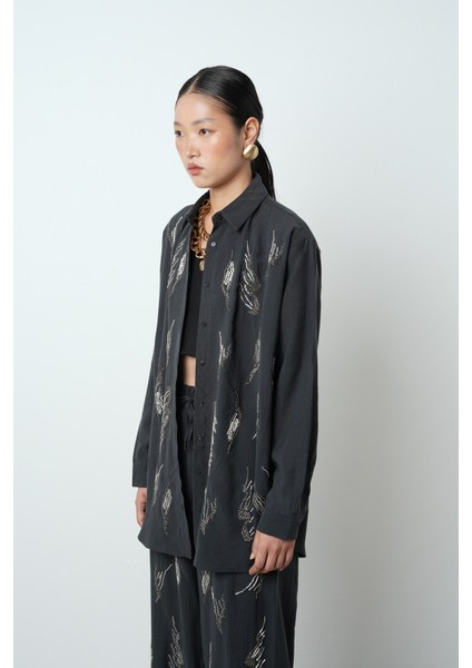 Kadın Önü Taş Işlemeli Düz Renk Oversize Gömlek fiyatları