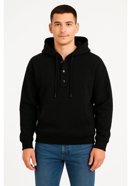 Erkek Ovarsize Kapüşonlu Swetshirt Kanguru Çepli Cıtcıtlı 3 Iplik Şardonlu Hoodie - Siyah fiyatları