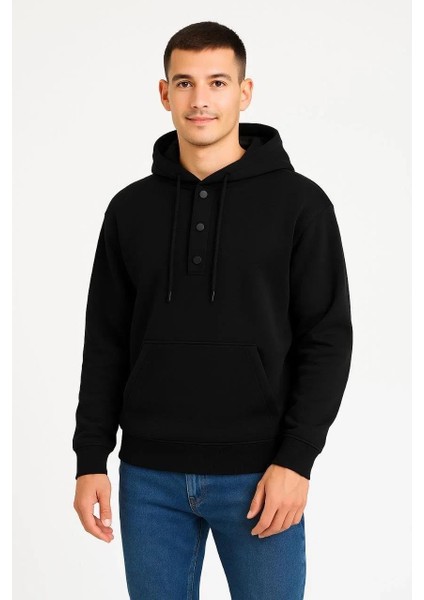 Erkek Ovarsize Kapüşonlu Swetshirt Kanguru Çepli Cıtcıtlı 3 Iplik Şardonlu Hoodie - Siyah modelleri