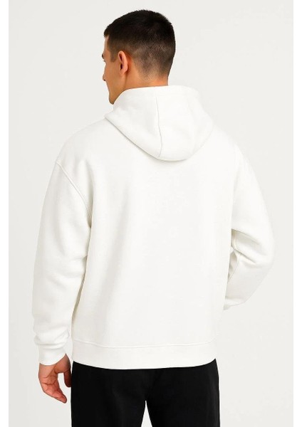 Erkek Ovarsize Kapüşonlu Swetshirt Kanguru Çepli Cıtcıtlı 3 Iplik Şardonlu Hoodie - Beyaz modelleri