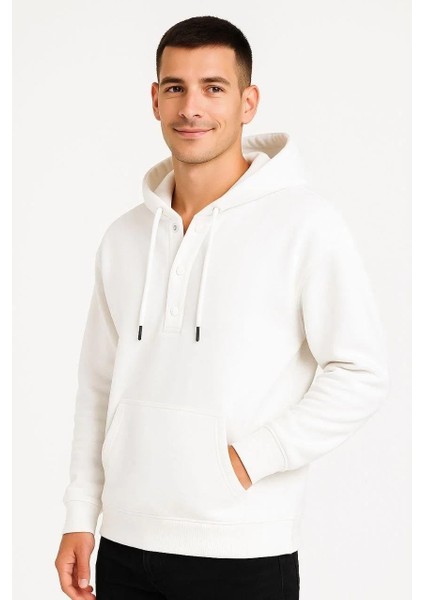 Erkek Ovarsize Kapüşonlu Swetshirt Kanguru Çepli Cıtcıtlı 3 Iplik Şardonlu Hoodie - Beyaz fırsatları