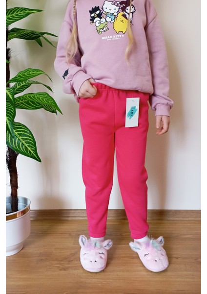 Çocuk Fuşya Kışlık Şardonlu 3 Iplik Paçası Lastikli Eşofman Altı