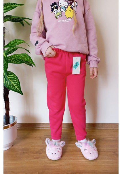 Çocuk Fuşya Kışlık Şardonlu 3 Iplik Paçası Lastikli Eşofman Altı