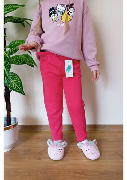 Çocuk Fuşya Kışlık Şardonlu 3 Iplik Paçası Lastikli Eşofman Altı