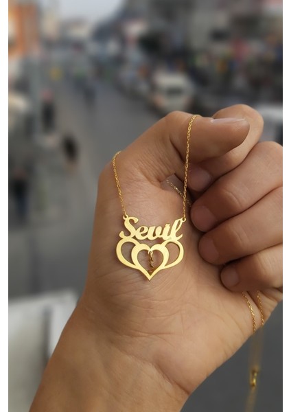 925 Ayar Gümüş 24 Ayar Altın Kaplama Isimli Kalpli Kolye