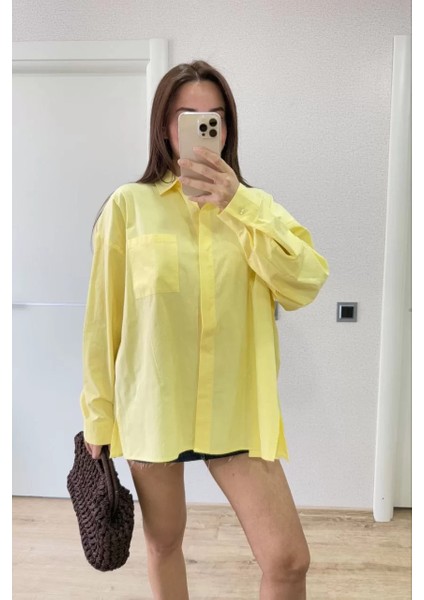 Poplin Kadın Yakalı Yandan Yırtmaçlı Arka Pens Detaylı Gömlek - Sarı