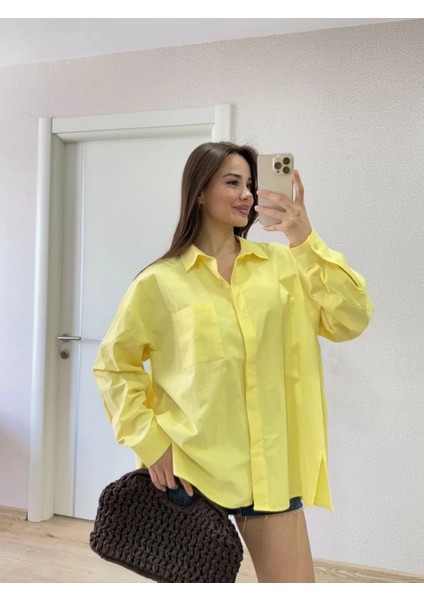 Poplin Kadın Yakalı Yandan Yırtmaçlı Arka Pens Detaylı Gömlek - Sarı fiyatları