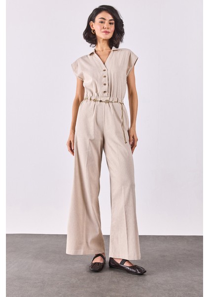 Kadın Çizgili Keten Tulum - Bej Çizgili