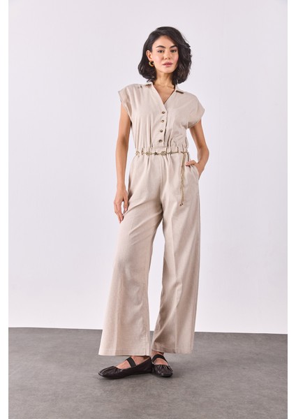 Kadın Çizgili Keten Tulum - Bej Çizgili fiyatları