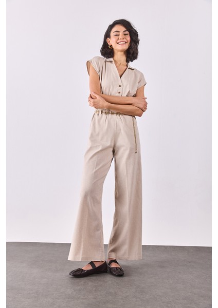 Kadın Çizgili Keten Tulum - Bej Çizgili fırsatları