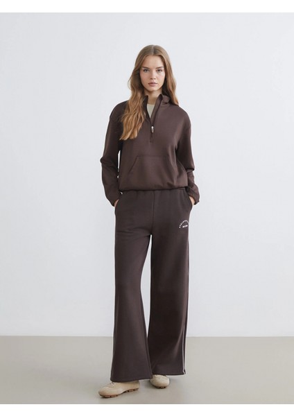 Xsıde Kahverengi Beli Lastikli Baskılı Kadın Kalın Eşofman Altı