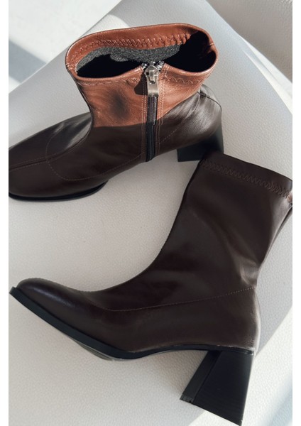 Relino Kadın Topuklu Steç Bot Acıkahve Mat Deri