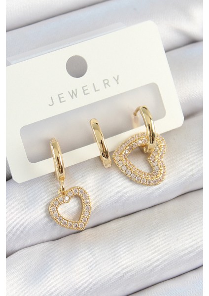 Pirinç Zirkon Taşlı Kalp Model Gold Renk 3'lü Çift Kadın Küpe Set