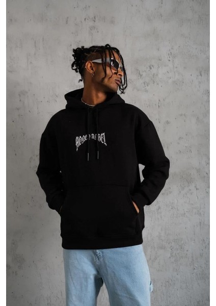 Erkek Kordon Ipli Baskılı Kapüşonlu Sweatshirt - Siyah