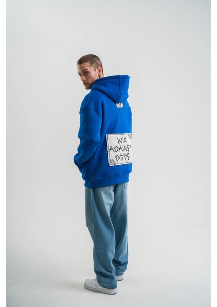 Unisex Kapşonlu Uzun Kol Patchli Nakışlı Sweatshirt - Mavi