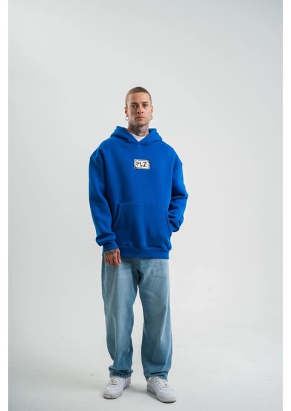 Unisex Kapşonlu Uzun Kol Patchli Nakışlı Sweatshirt - Mavi modelleri