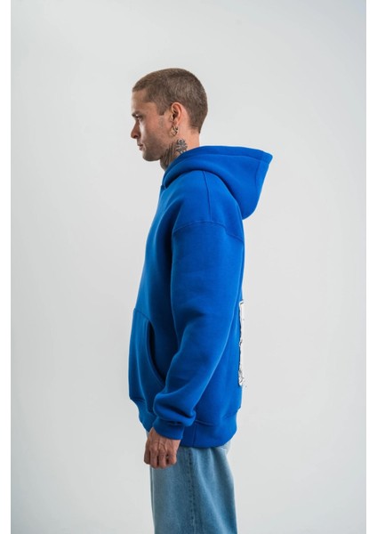 Unisex Kapşonlu Uzun Kol Patchli Nakışlı Sweatshirt - Mavi indirimleri