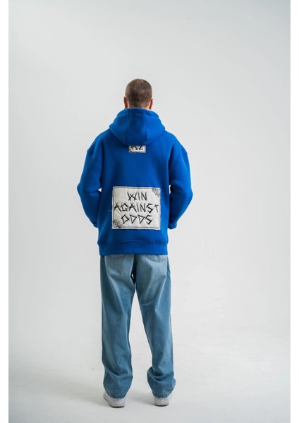 Unisex Kapşonlu Uzun Kol Patchli Nakışlı Sweatshirt - Mavi