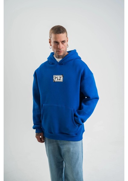 Unisex Kapşonlu Uzun Kol Patchli Nakışlı Sweatshirt - Mavi