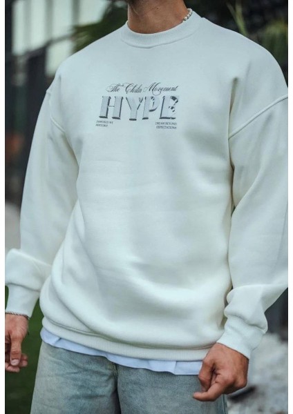 Üç Iplik Bisiklet Yaka Baskılı Sweatshirt - Beyaz