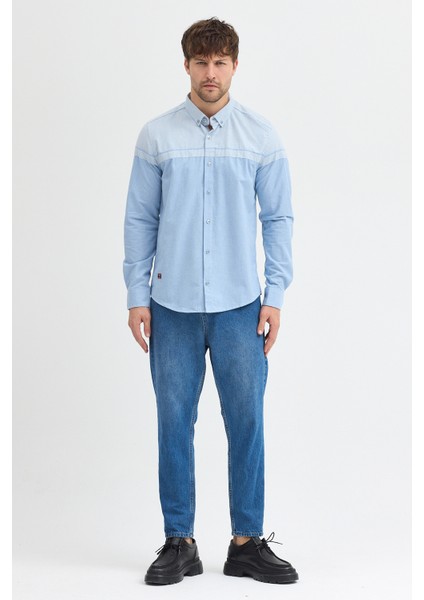 Premium Slim Fit Yün Karışımlı Kontrast Parçalı Uzun Kollu Gömlek