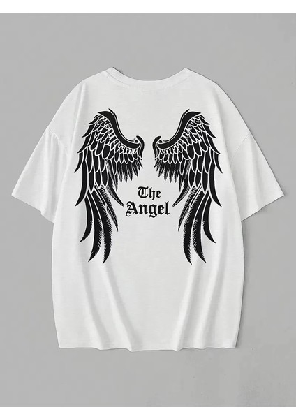 20/1 Penye Compack Dark Angel Baskılı Oversize Kısa Kol Yazlık T-Shirt- Beyaz modelleri