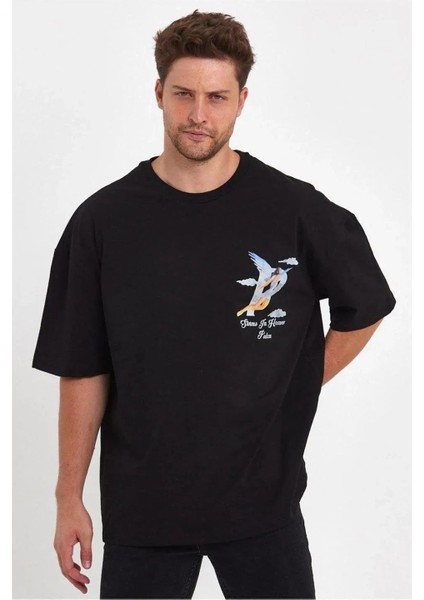 Erkek Melek Baskılı Oversize T-Shirt - Siyah