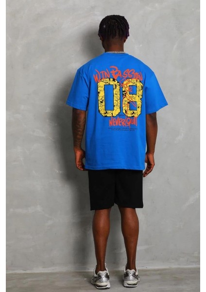 Unisex Oversize Baskılı Bisiklet Yaka T-Shirt - Mavi fiyatları