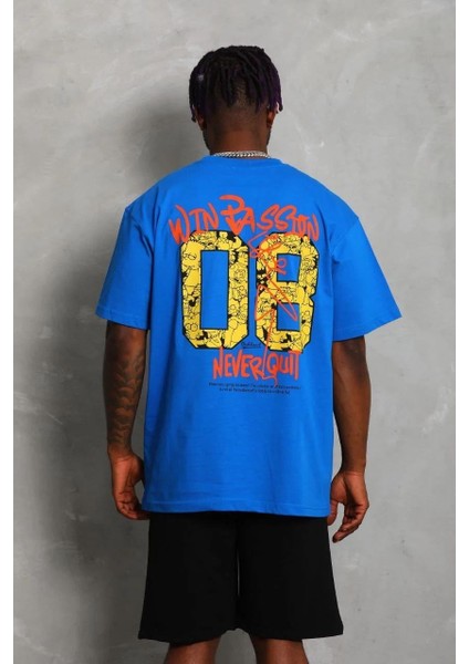 Unisex Oversize Baskılı Bisiklet Yaka T-Shirt - Mavi modelleri