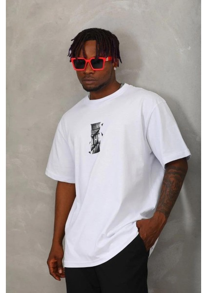 Unisex Oversize Baskılı Bisiklet Yaka T-Shirt - Beyaz fiyatları